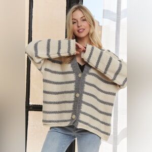 ADORA Horizontally Striped Button Up Cardigan